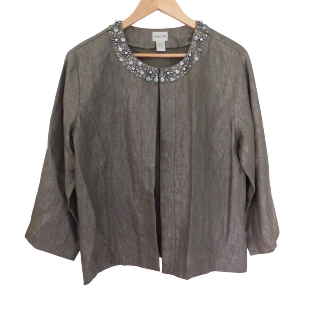 CHICOS jacket blazer 100% linen embellished metallic open front Taupe Silver 2